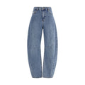 Self-Portrait blue cotton relaxed fit jeans, showcasing the casual waistband, front pockets, and straight-leg design.