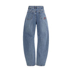 Self-Portrait blue cotton relaxed fit jeans displayed on a model, showcasing casual denim style and comfortable fit.