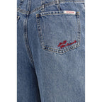 Self-Portrait blue cotton relaxed fit jeans displayed on a hanger, showcasing casual, comfortable denim style.