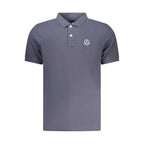 North Sails blue cotton men's polo shirt displayed on a hanger, featuring a classic collar and short sleeves.