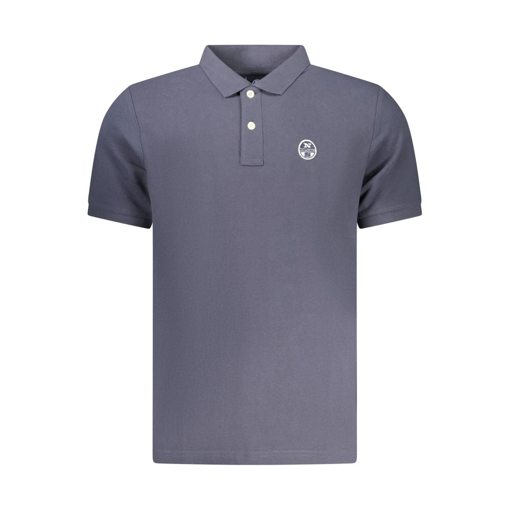 North Sails blue cotton men's polo shirt displayed on a hanger, featuring a classic collar and short sleeves.