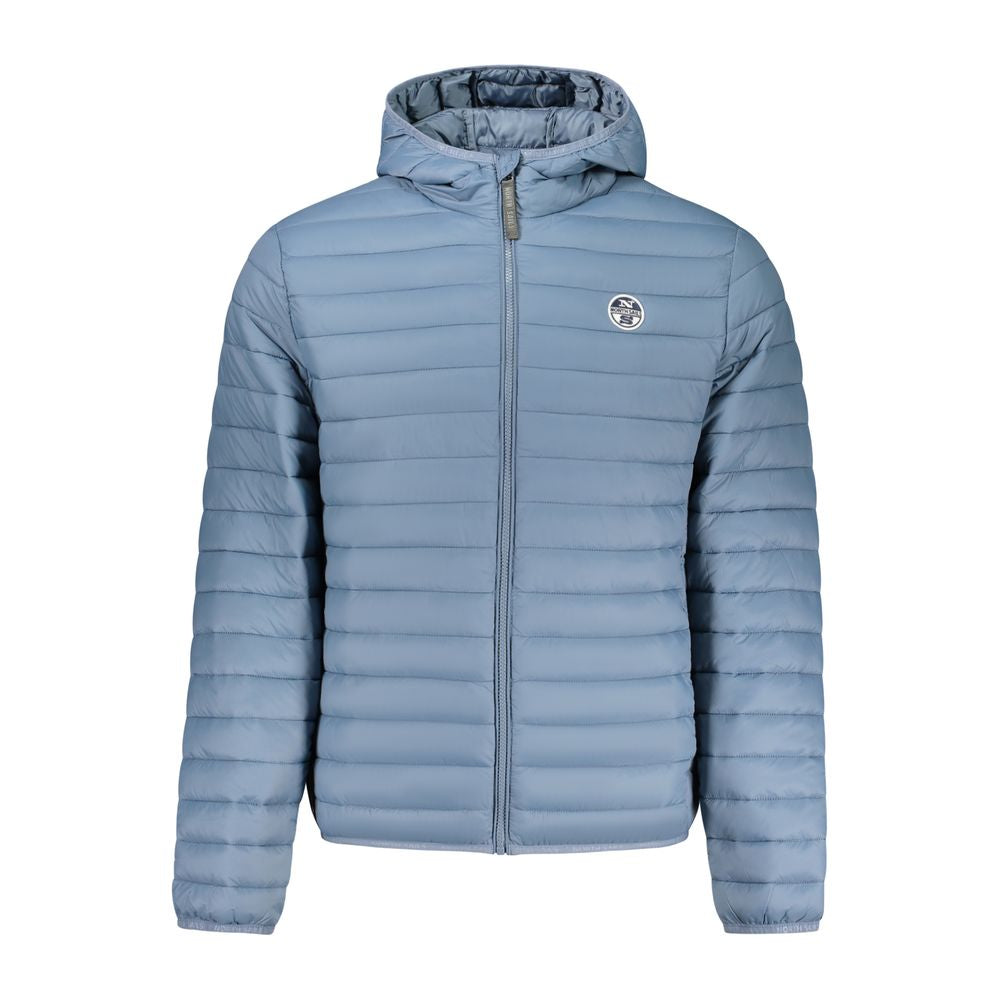 North Sails Blu Poliammide men's jacket hanging on a hanger, showcasing a lightweight, waterproof sailing jacket with brand logo.
