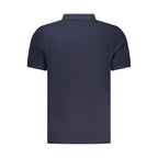 North Sails blue cotton men's polo shirt displayed on a hanger, showcasing classic collar and short sleeves.