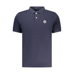 North Sails blue cotton men's polo shirt displayed flat, showcasing collar, buttons, and short sleeves for a casual, stylish look.