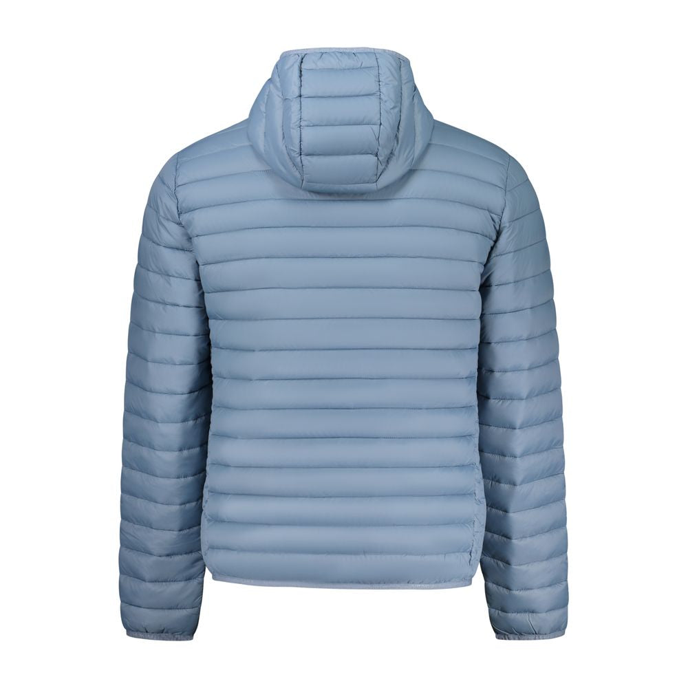 North Sails Blu Poliammide men's jacket displayed on a hanger, showcasing its navy blue color and lightweight, waterproof fabric.