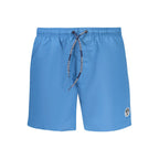 North Sails Blu polyester men's swim boxer showing the fitted swim shorts with North Sails branding and elastic waistband.