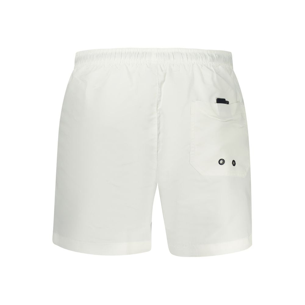 North Sails white polyester men's swim boxer shorts with elastic waistband, suitable for beach and swimming activities.