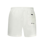North Sails white polyester men's swim boxer shorts with elastic waistband, suitable for beach and swimming activities.