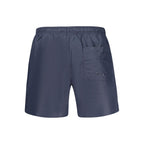 North Sails Blu Polyester Men’s Swim Boxer showing the blue swim trunks with North Sails branding and elastic waistband.