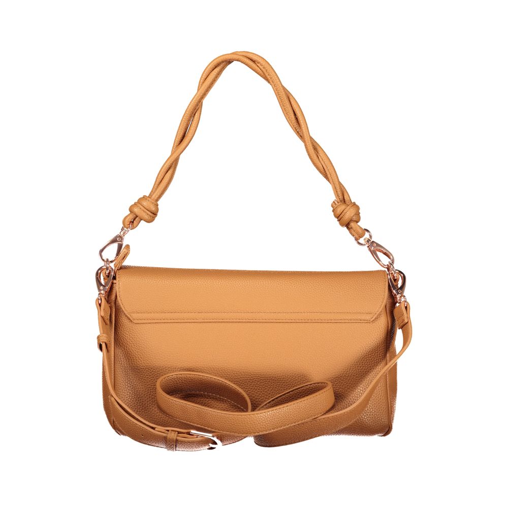 Mario Valentino brown polyurethane women's bag with sleek design and silver-tone hardware, featuring top handles and a spacious interior.