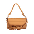 Mario Valentino brown polyurethane women's bag with sleek design and silver-tone hardware, featuring top handles and a spacious interior.