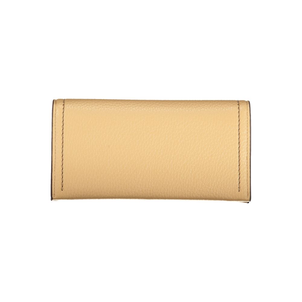 Mario Valentino beige polyurethane women’s wallet with multiple card slots and zippered coin compartment.