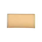 Mario Valentino beige polyurethane women’s wallet with multiple card slots and zippered coin compartment.
