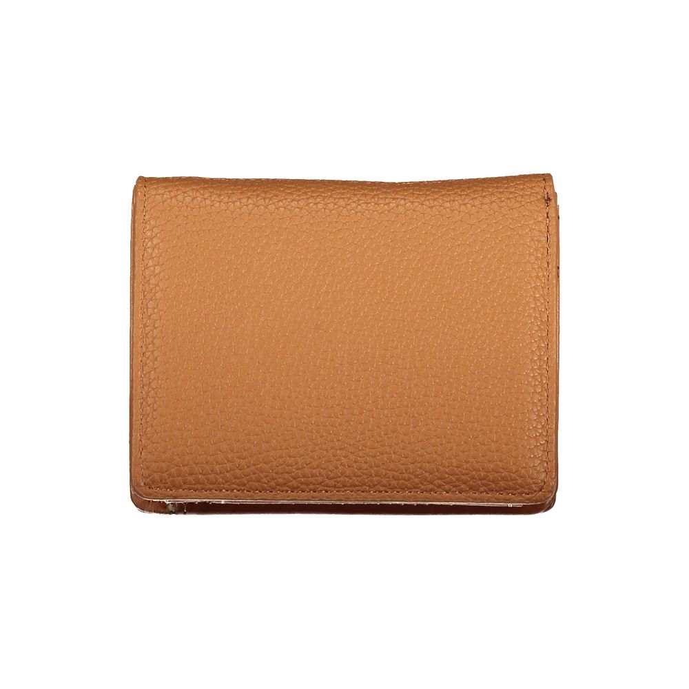 Mario Valentino brown polyurethane women's wallet with multiple card slots and zip coin compartment, stylish and compact accessory.