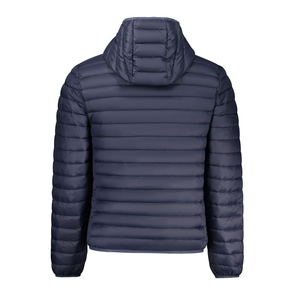 North Sails Blu Poliammide men's jacket displayed on a hanger, featuring a lightweight, waterproof design with a front zipper and brand logo.