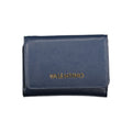 Mario Valentino blue polyurethane women's wallet showing card slots and zipper closure on a plain background.