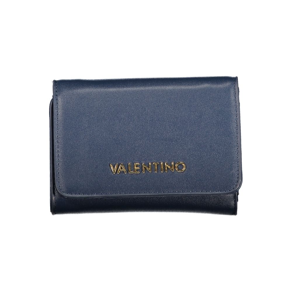 Mario Valentino blue polyurethane women's wallet showing card slots and zipper closure on a plain background.