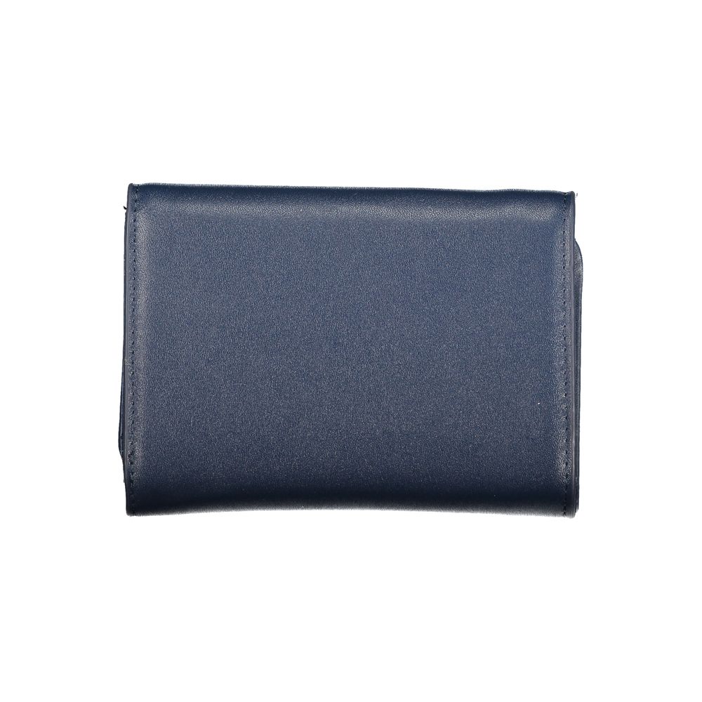 Mario Valentino blue polyurethane women's wallet with multiple card slots and a sleek, compact design.