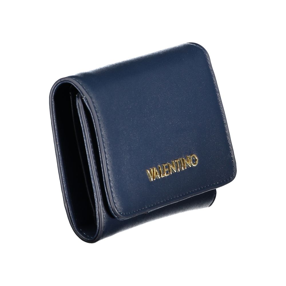 Blue Mario Valentino women's wallet made of polyurethane, featuring a sleek design with multiple card slots and a zipper compartment.