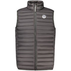 North Sails black polyamide men's jacket hanging on a wooden hanger, showcasing the lightweight, water-resistant design.