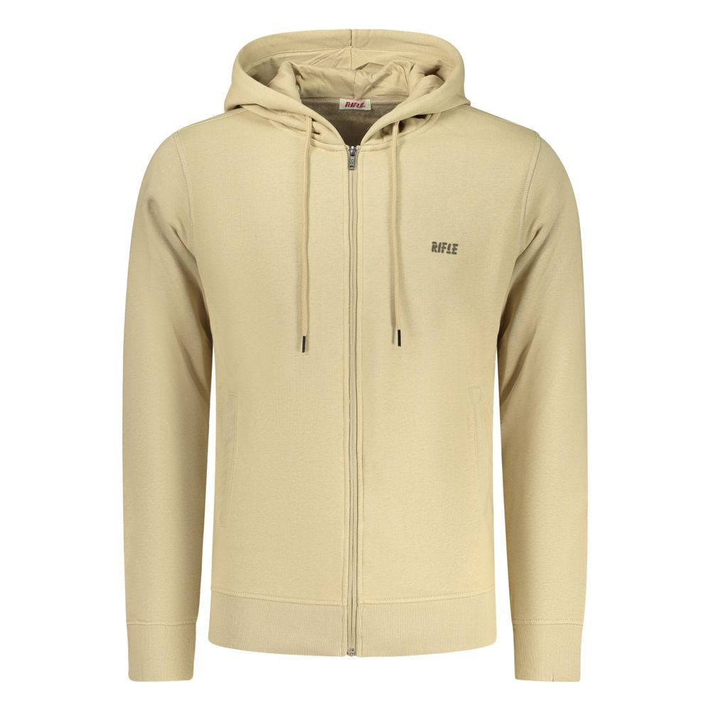 Beige cotton men's hoodie by Rifle with a relaxed fit, featuring a drawstring hood and ribbed cuffs and hem.