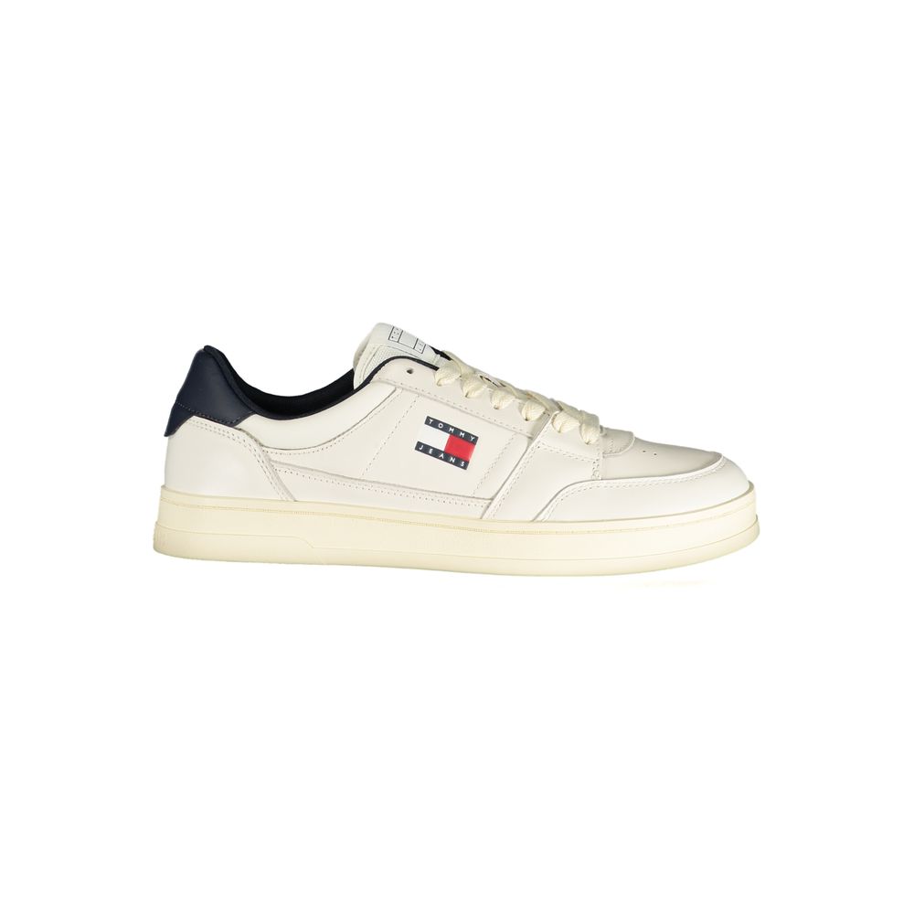 White leather men's sneaker by Tommy Hilfiger with classic design and brand logo on the side.