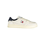 White leather men's sneaker by Tommy Hilfiger with classic design and brand logo on the side.