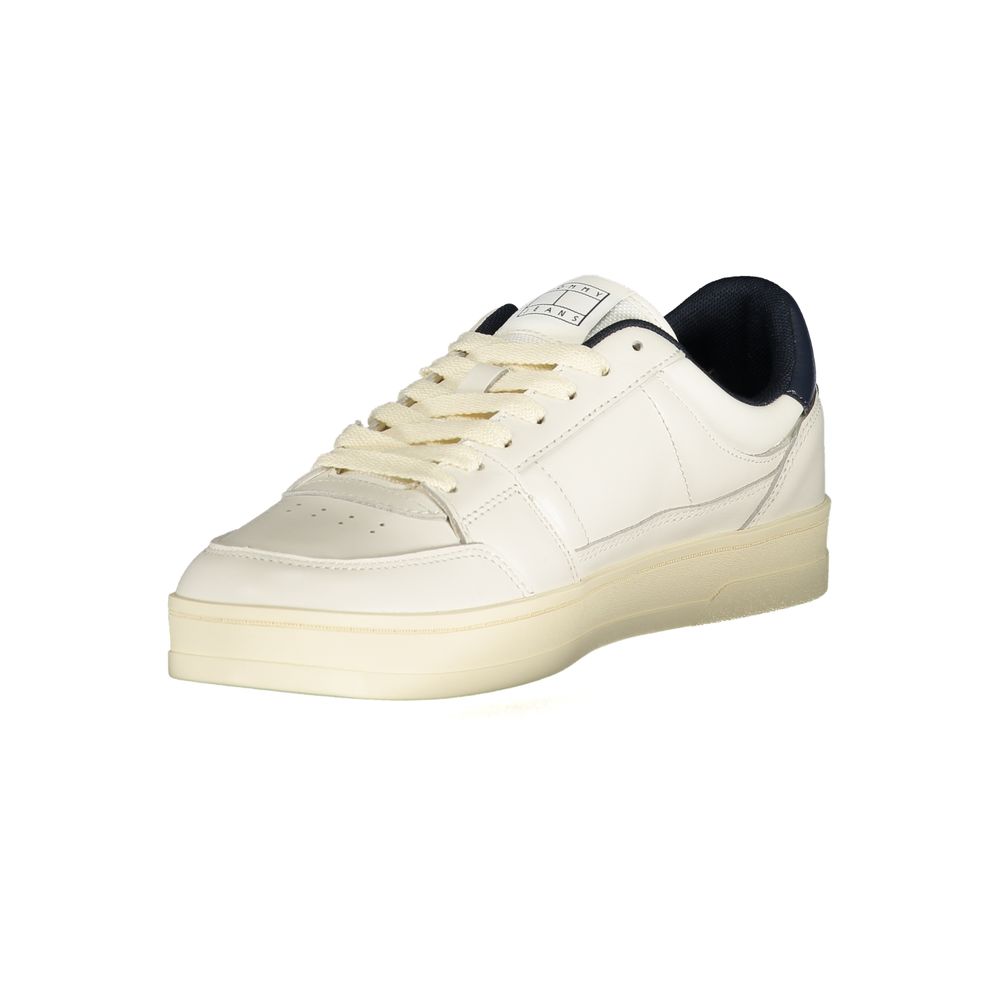 Tommy Hilfiger white leather men's sneaker with classic design, laces, and brand logo on the side.
