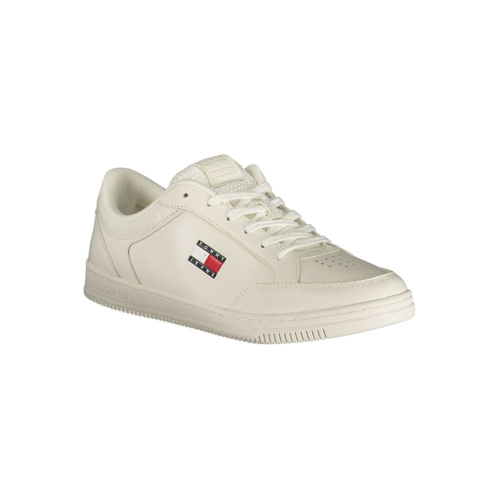 Tommy Hilfiger white polyurethane men's sneaker with stylish design and casual laces, front view showing sole and branding.