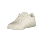 Tommy Hilfiger white polyurethane men's sneaker with sleek design and sporty laces, shown from a side angle.