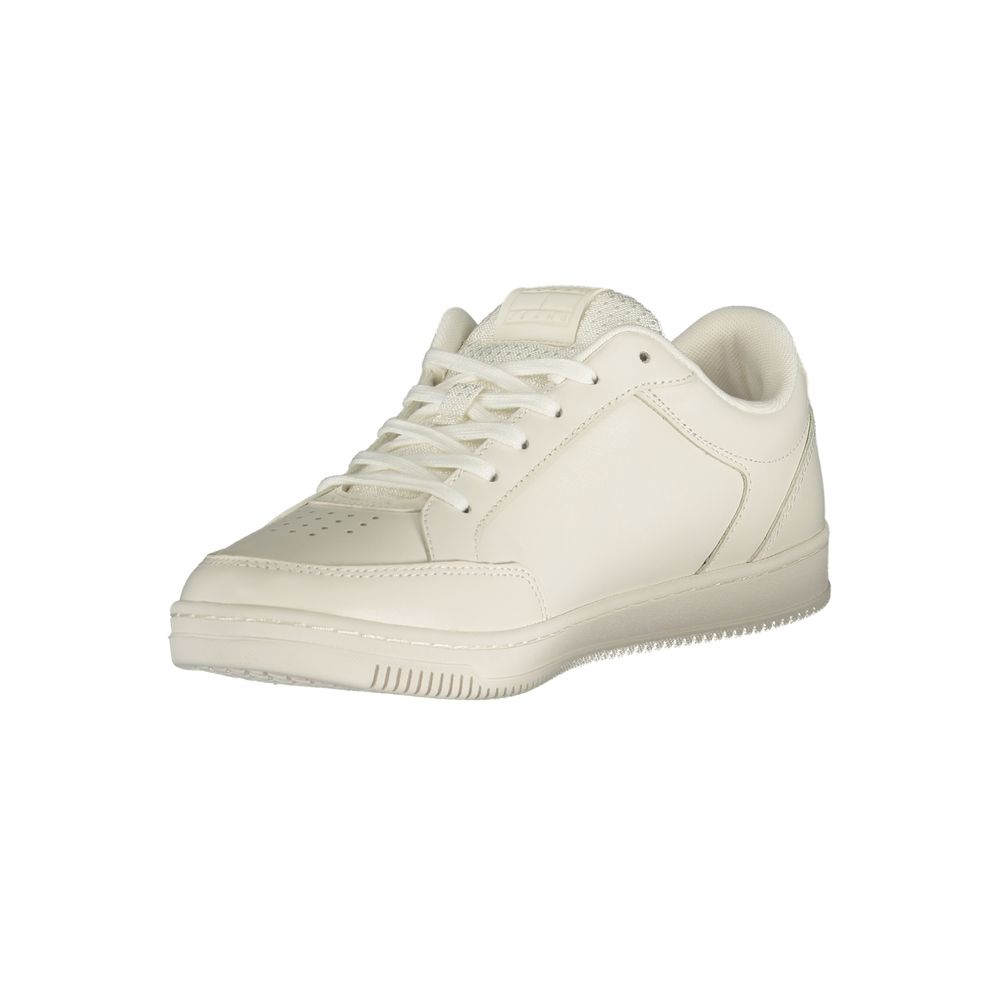 Tommy Hilfiger white polyurethane men's sneaker with sleek design and sporty laces, shown from a side angle.