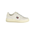 Tommy Hilfiger Bianco polyurethane women's sneaker with white design and sleek athletic style, close-up view of the shoe.