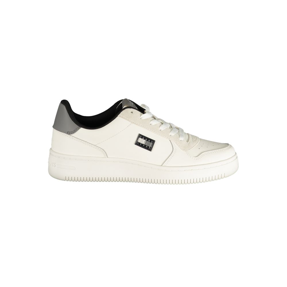 Tommy Hilfiger white polyurethane men's sneaker with sleek design and white laces on a clean background.