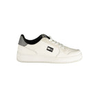 Tommy Hilfiger white polyurethane men's sneaker with sleek design and white laces on a clean background.
