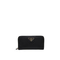 Prada black calfskin wallet with sleek design and subtle logo, featuring multiple card slots and a secure bill compartment.