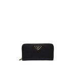 Prada black calfskin wallet with sleek design and subtle logo, featuring multiple card slots and a secure bill compartment.