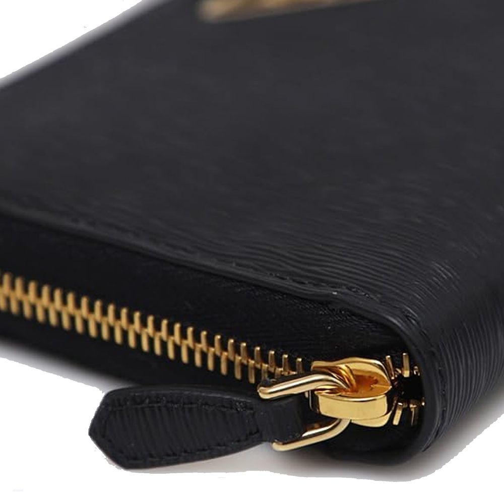Prada black calfskin wallet with sleek design, multiple card slots, and a secure snap closure.