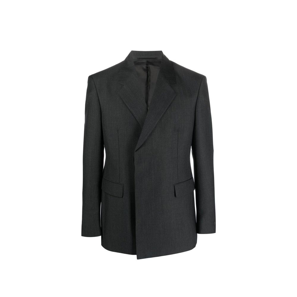 Prada gray wool blazer with tailored fit, notch lapel, and button closure, displayed on a hanger.