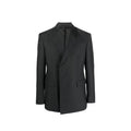 Prada gray wool blazer with tailored fit, notch lapel, and button closure, displayed on a hanger.