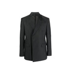 Prada gray wool blazer with tailored fit, notch lapel, and button closure, displayed on a hanger.
