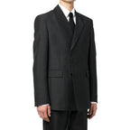 Prada gray wool blazer with tailored fit, notched lapels, and front buttons, displayed on a hanger.