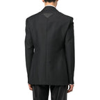 Prada gray wool blazer with tailored fit, notched lapels, and button front, displayed on a hanger.