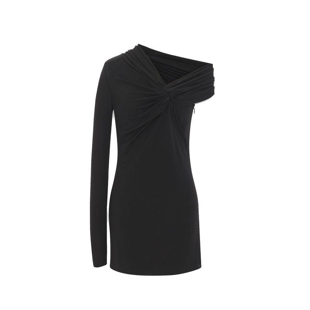 Saint Laurent black viscose casual dress displayed on a hanger with a simple background, highlighting its sleek, minimalist design.