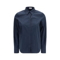 Brunello Cucinelli blue cotton dress shirt with button-down collar and long sleeves, stylish and tailored for a refined look.