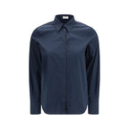 Brunello Cucinelli blue cotton dress shirt with button-down collar and long sleeves, stylish and tailored for a refined look.
