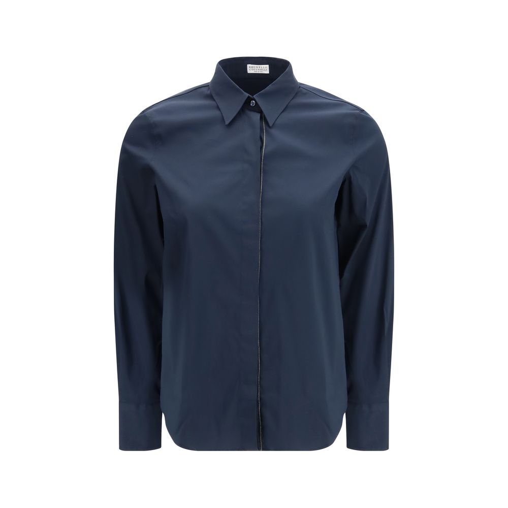 Brunello Cucinelli blue cotton dress shirt with button-down collar and long sleeves, stylish and tailored for a refined look.