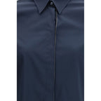 Brunello Cucinelli blue cotton dress shirt displayed on a hanger, showcasing its classic design and high-quality fabric.