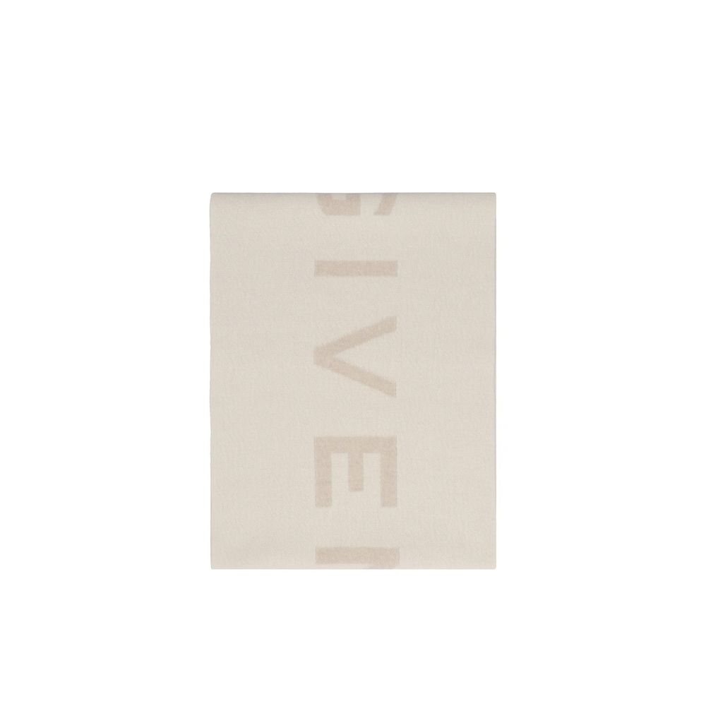 Givenchy beige cashmere scarf draped over a neutral background, showcasing soft texture and luxurious fabric.
