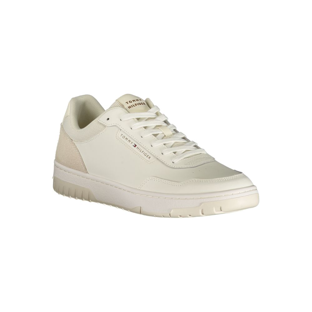 Tommy Hilfiger white polyurethane men's sneaker with sleek design and lace-up closure, textured sole, and brand logo accents.