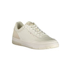Tommy Hilfiger white polyurethane men's sneaker with sleek design and lace-up closure, textured sole, and brand logo accents.